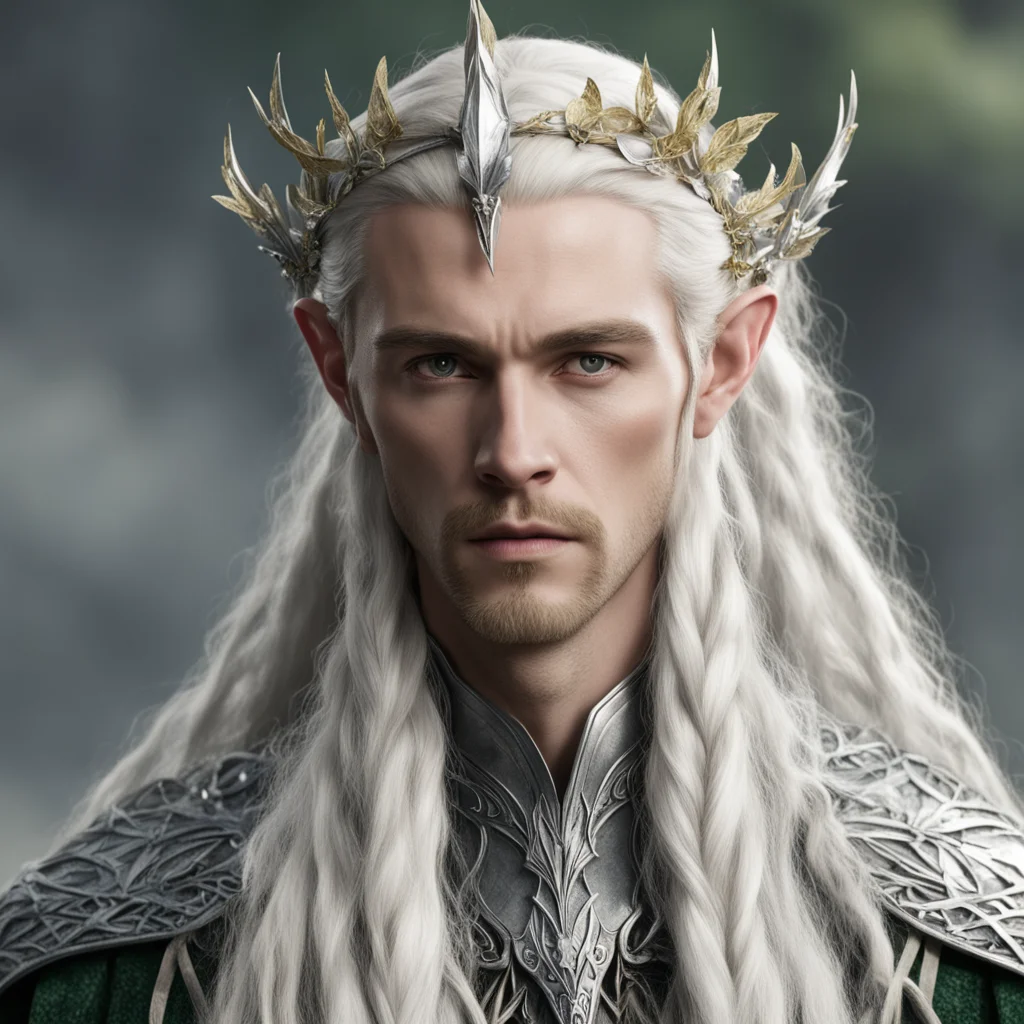 aiking thranduil with blond hair with braids wearing silver leaf elvish circlet with diamond berries