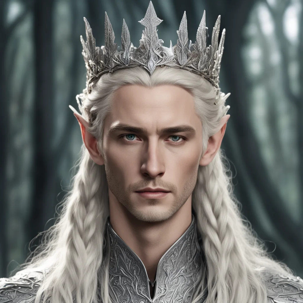 aiking thranduil with blond hair with braids wearing silver leaf elvish coronet with diamonds good looking trending fantastic 1