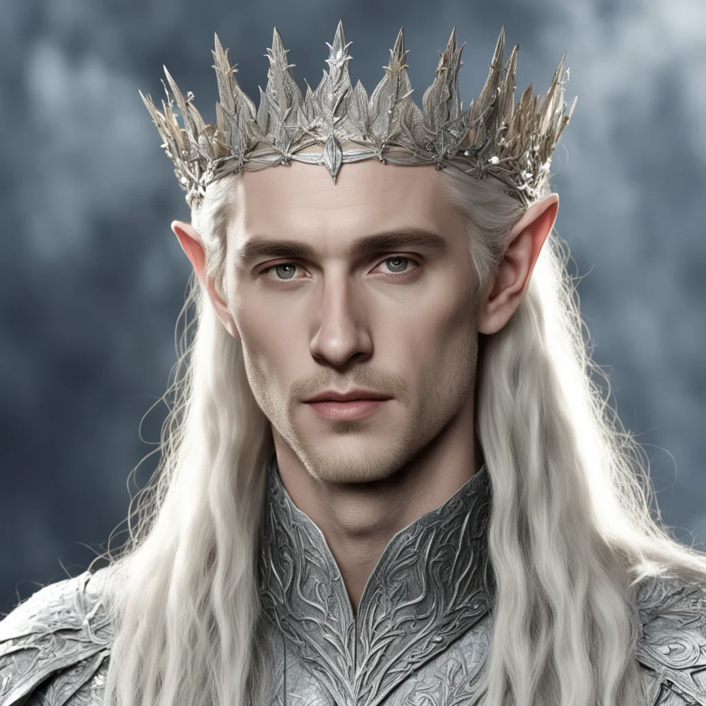 aiking thranduil with blond hair with braids wearing silver leaf elvish coronet with diamonds