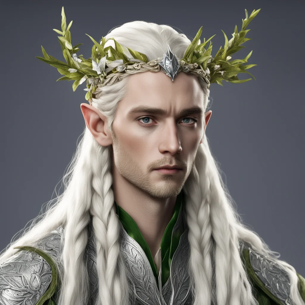 aiking thranduil with blond hair with braids wearing silver leaves and diamond berries on head amazing awesome portrait 2