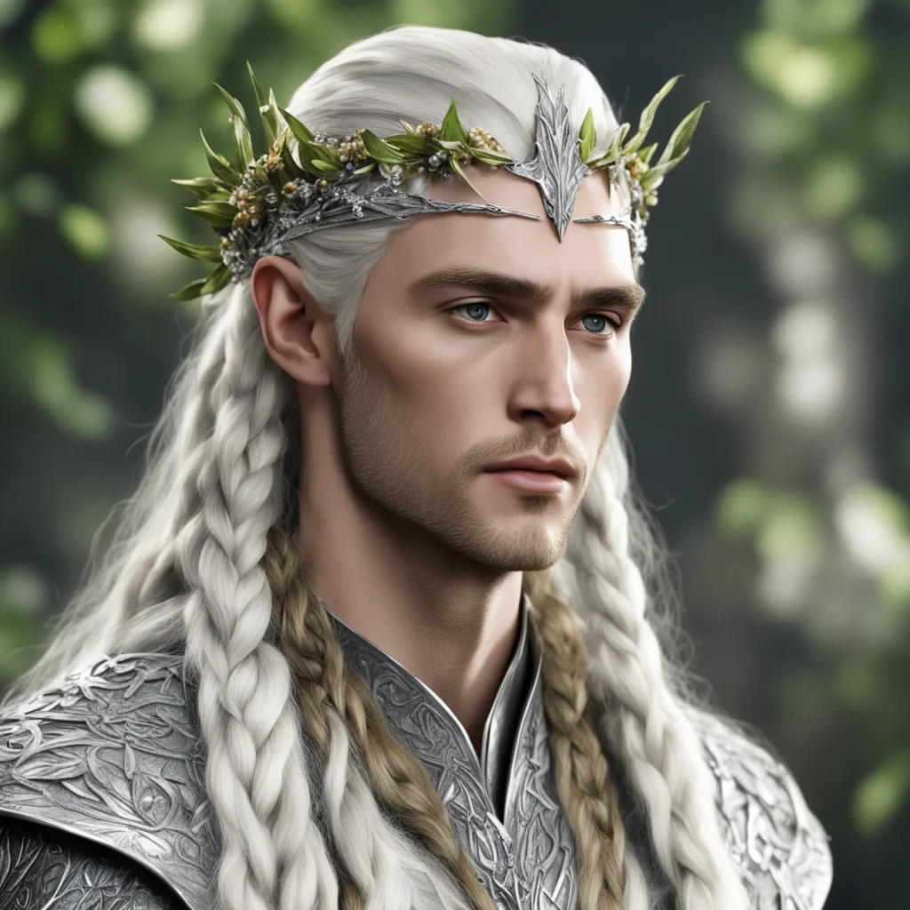 king thranduil with blond hair with braids wearing silver leaves and diamond berries on head confident engaging wow artstation art 3