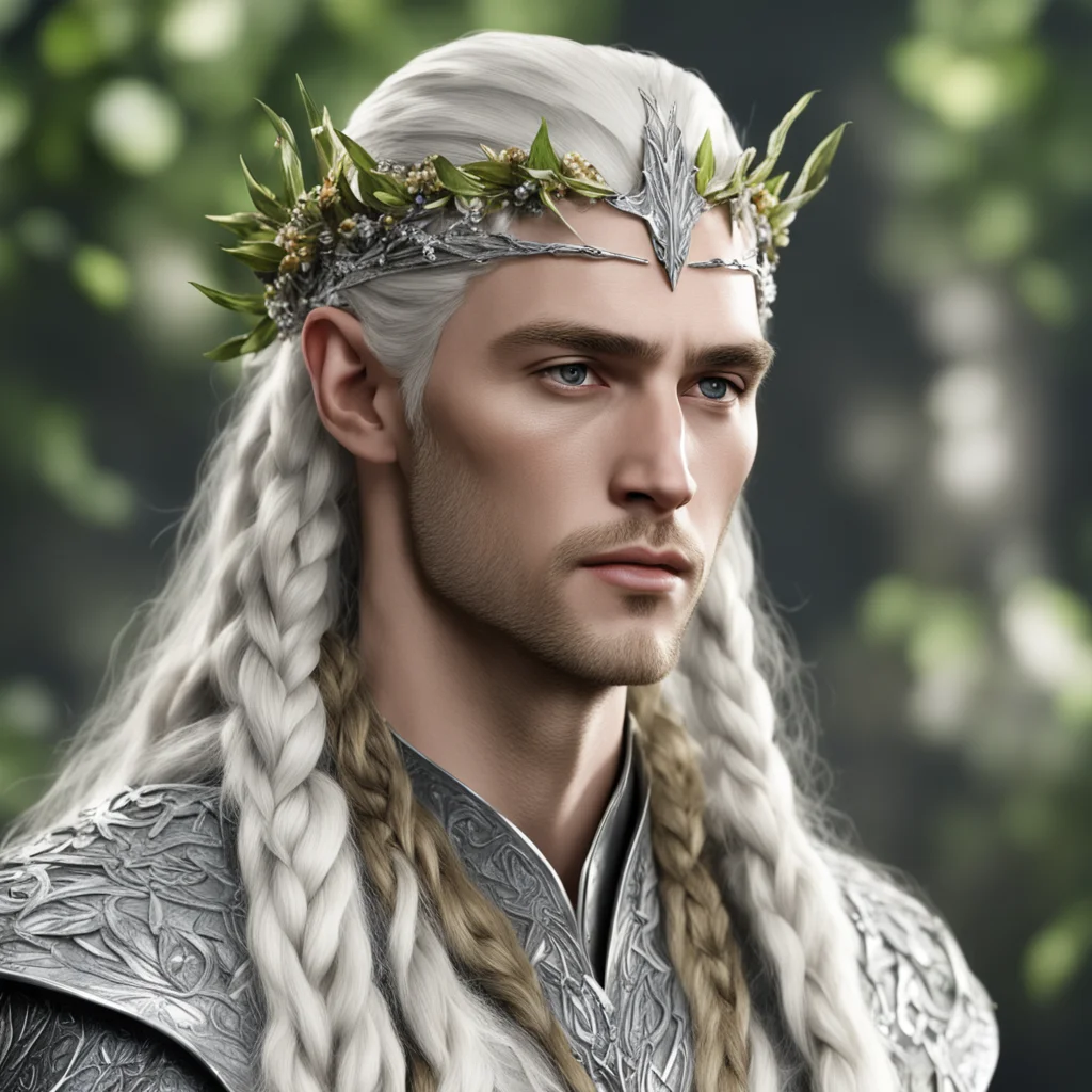 aiking thranduil with blond hair with braids wearing silver leaves and diamond berries on head confident engaging wow artstation art 3