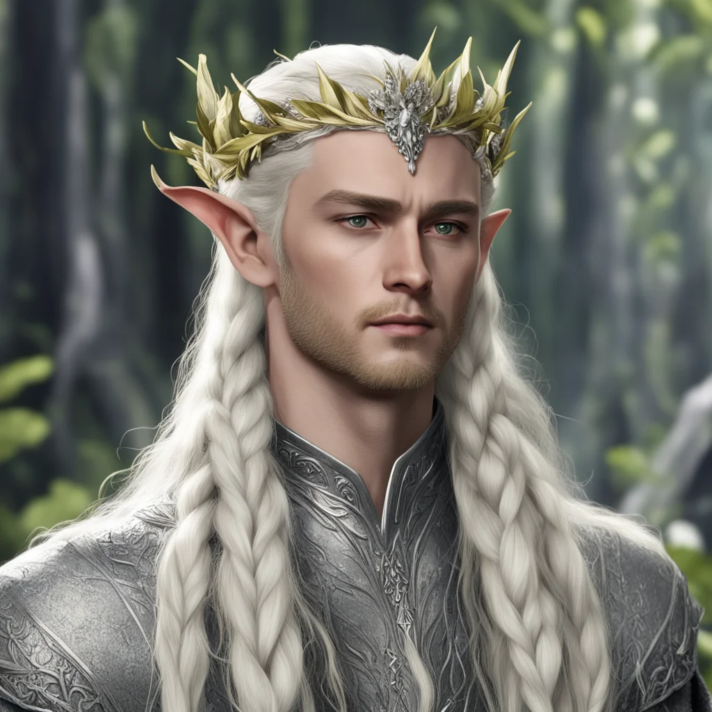 aiking thranduil with blond hair with braids wearing silver leaves and diamond berries on head good looking trending fantastic 1