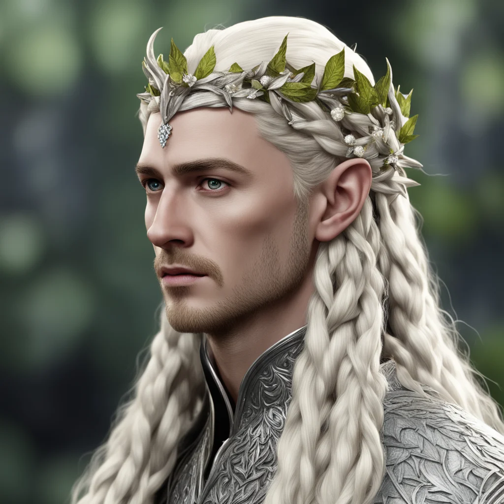 aiking thranduil with blond hair with braids wearing silver leaves and diamond berries on head