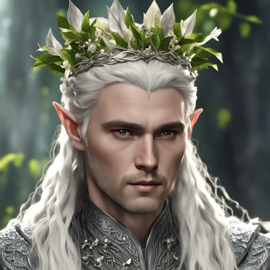 aiking thranduil with blond hair with braids wearing silver leaves with diamond berries on head amazing awesome portrait 2