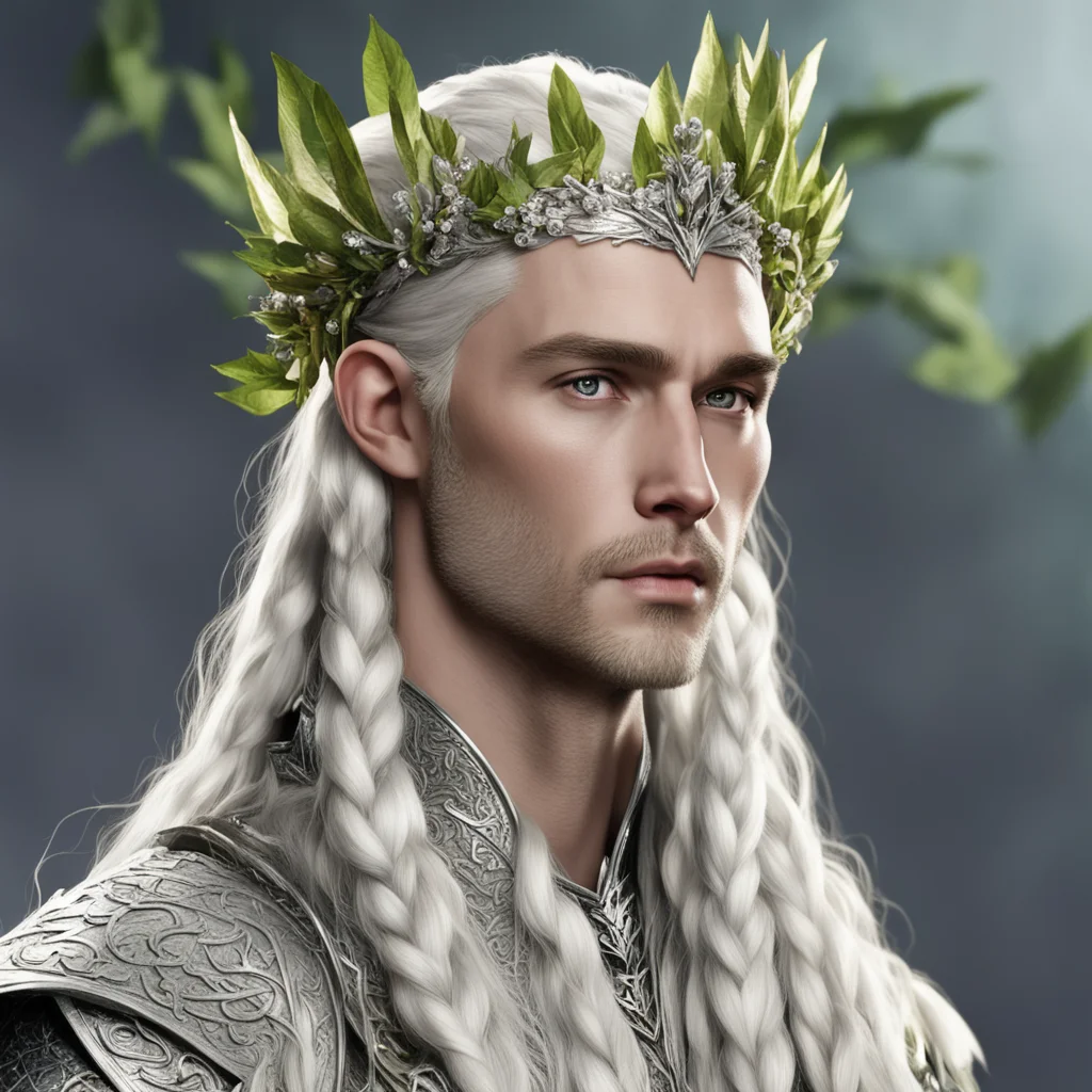 aiking thranduil with blond hair with braids wearing silver leaves with diamond berries on head confident engaging wow artstation art 3