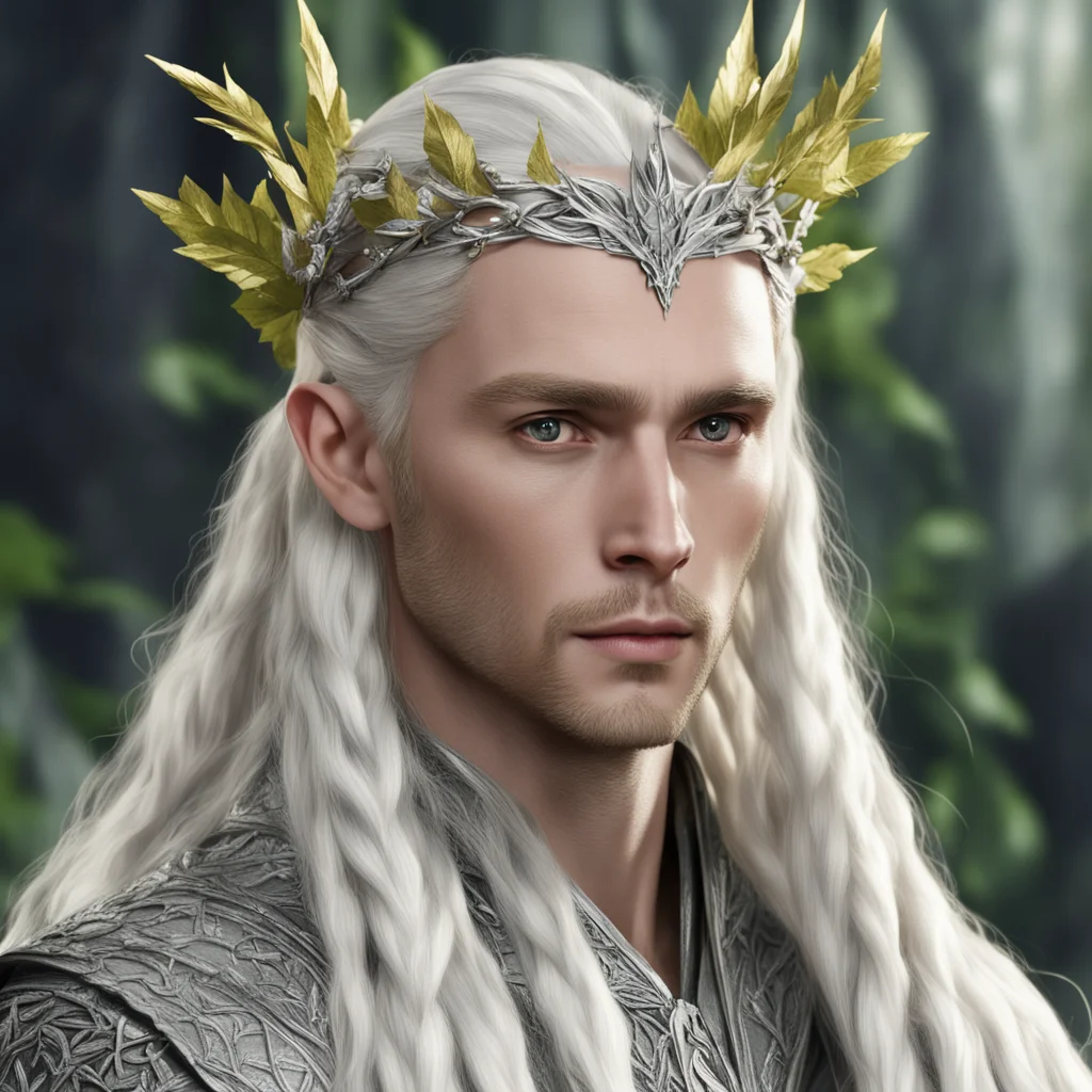 aiking thranduil with blond hair with braids wearing silver leaves with diamond berries on head good looking trending fantastic 1