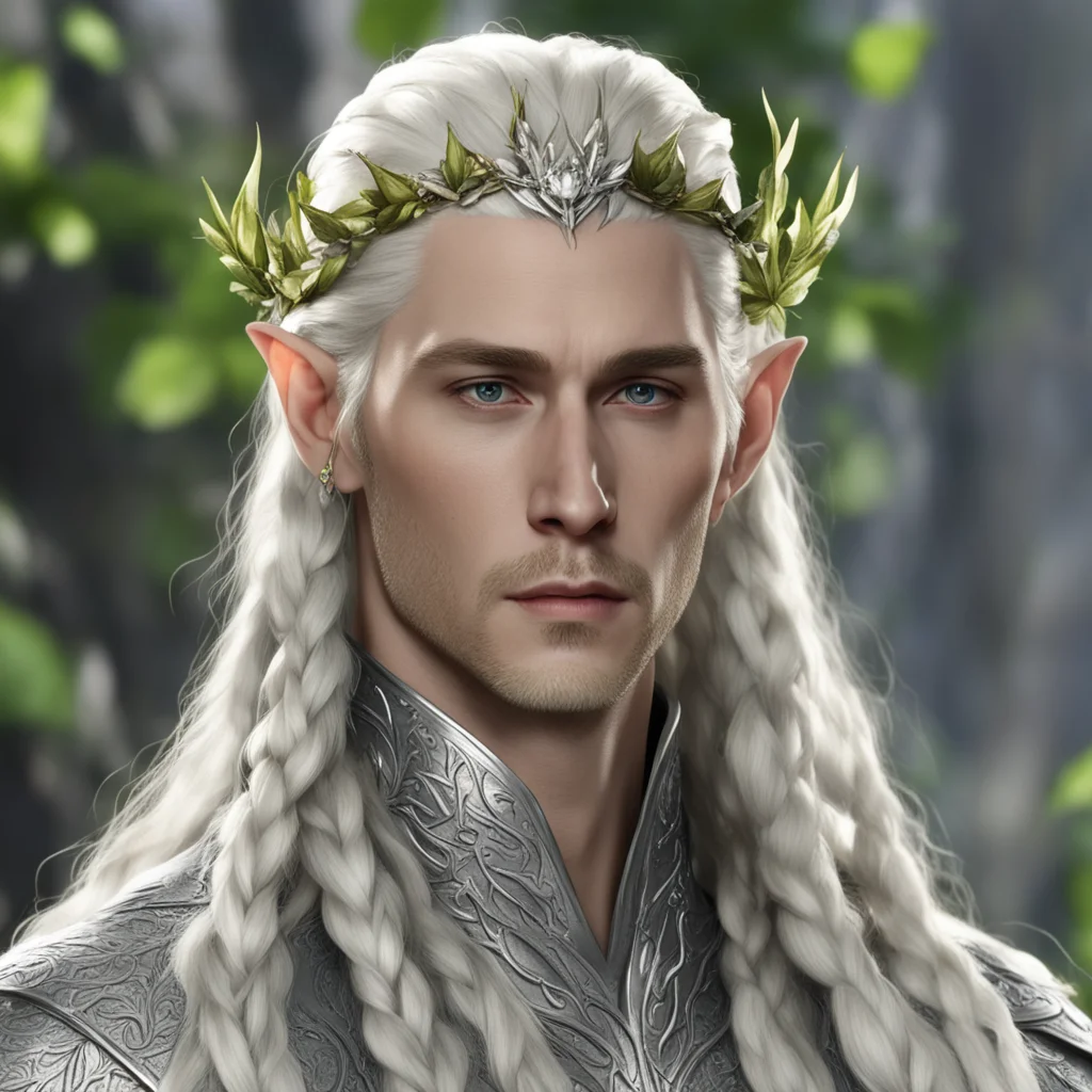 king thranduil with blond hair with braids wearing silver leaves with diamond berries on head