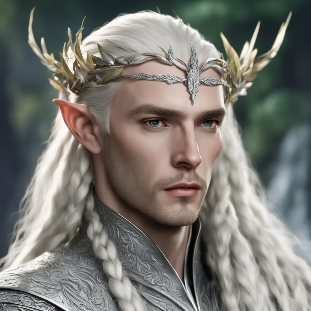 aiking thranduil with blond hair with braids wearing silver leaves with diamonds on the head amazing awesome portrait 2