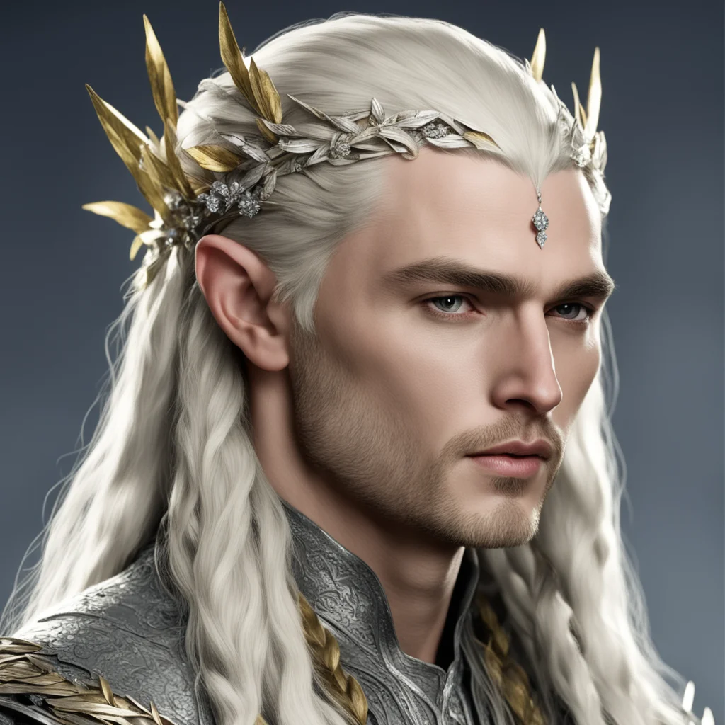 aiking thranduil with blond hair with braids wearing silver leaves with diamonds on the head good looking trending fantastic 1