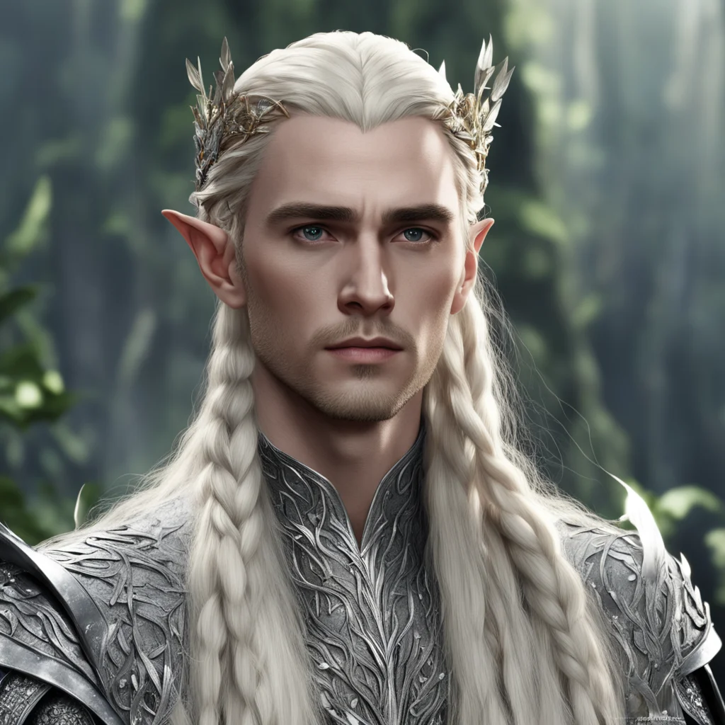 aiking thranduil with blond hair with braids wearing silver leaves with diamonds on the head