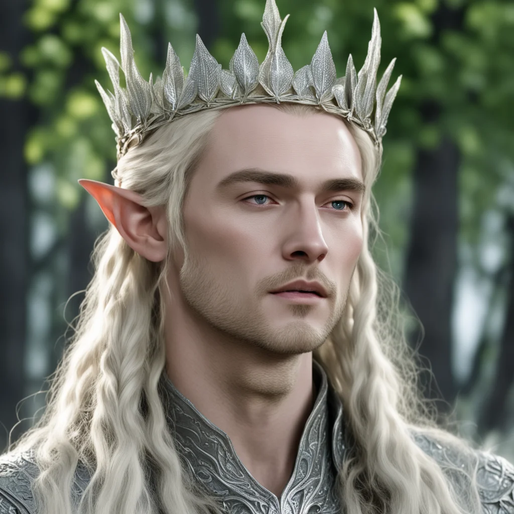 king thranduil with blond hair with braids wearing silver maple leaf elvish circlet encrusted with diamonds confident engaging wow artstation art 3