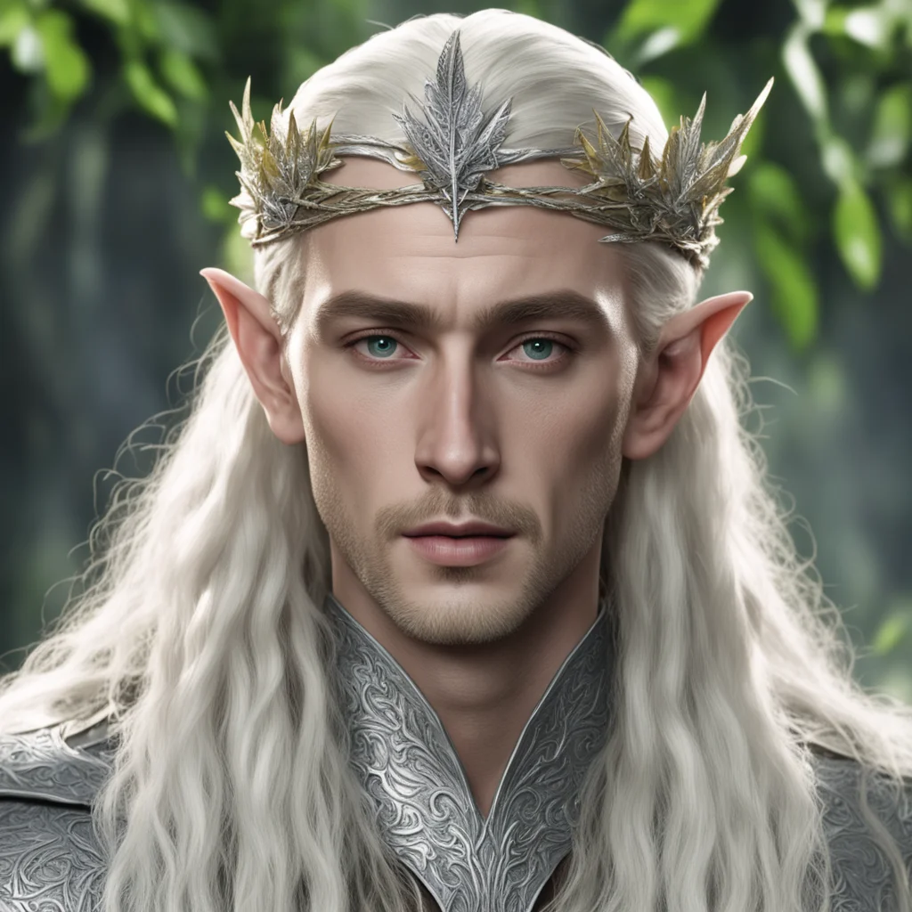 aiking thranduil with blond hair with braids wearing silver maple leaf elvish circlet encrusted with diamonds good looking trending fantastic 1