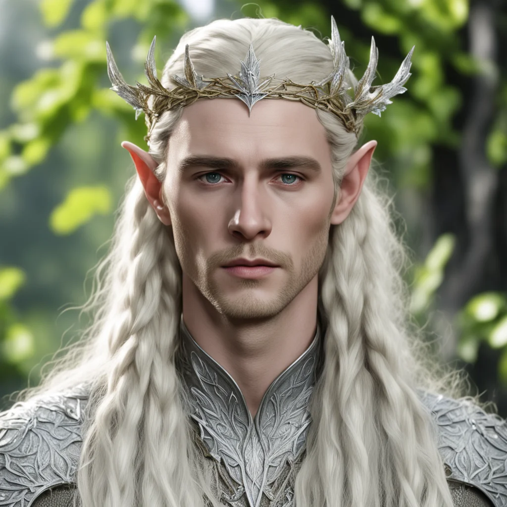 king thranduil with blond hair with braids wearing silver maple leaf elvish circlet encrusted with diamonds