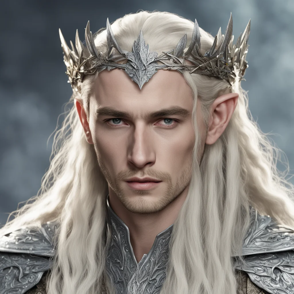aiking thranduil with blond hair with braids wearing silver oak leaf elven circlet encrusted with diamonds confident engaging wow artstation art 3