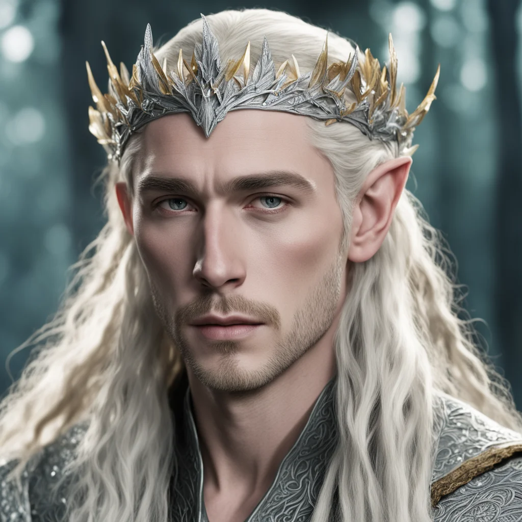 king thranduil with blond hair with braids wearing silver oak leaf elven circlet encrusted with diamonds good looking trending fantastic 1