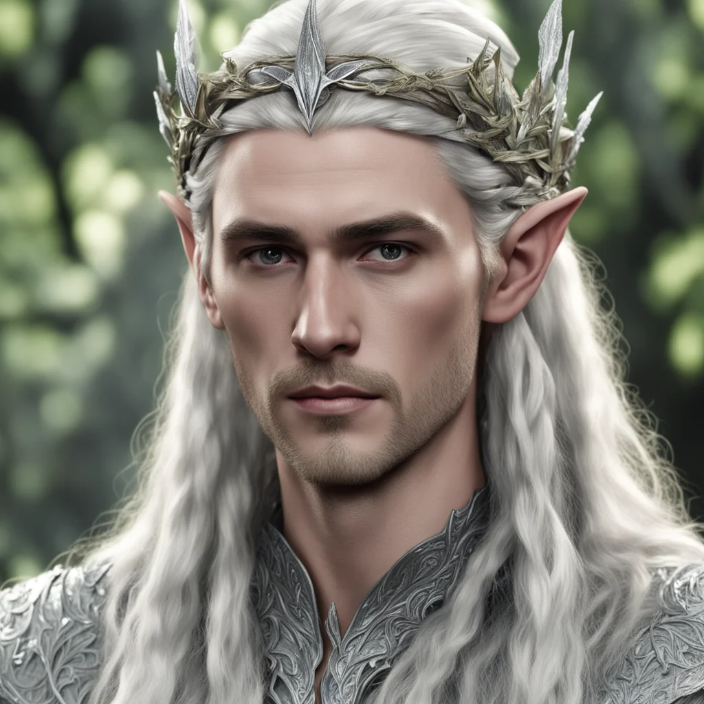 aiking thranduil with blond hair with braids wearing silver oak leaf elven circlet encrusted with diamonds