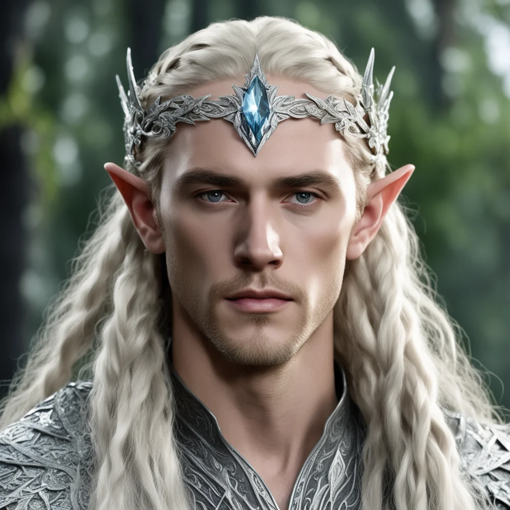 aiking thranduil with blond hair with braids wearing silver oak leaf elvish circlet encrusted with diamonds with large center diamond amazing awesome portrait 2