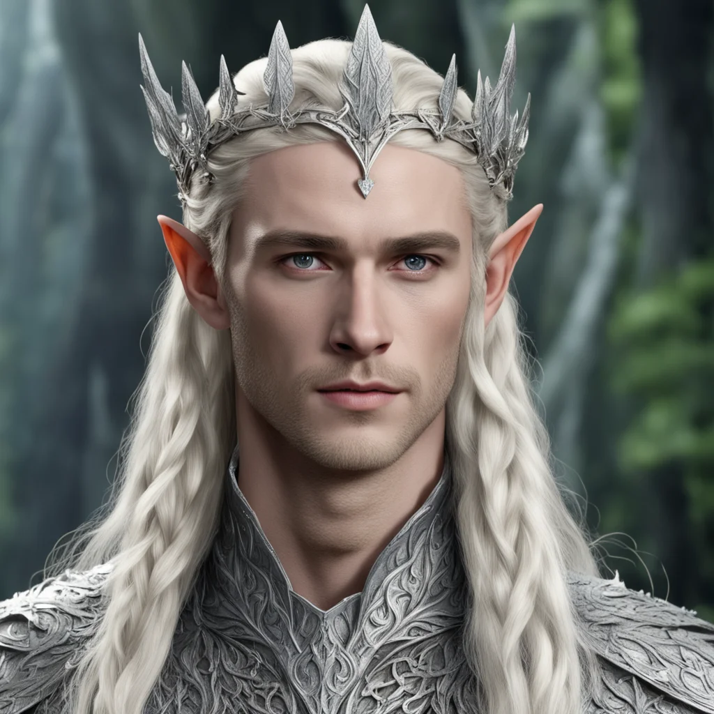 king thranduil with blond hair with braids wearing silver oak leaf elvish circlet encrusted with diamonds with large center diamond good looking trending fantastic 1