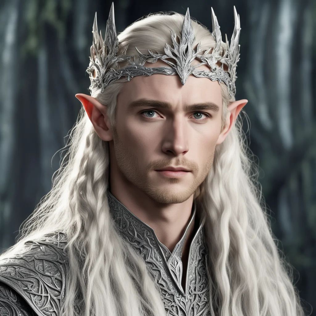 aiking thranduil with blond hair with braids wearing silver oak leaf elvish circlet encrusted with diamonds with large center diamond