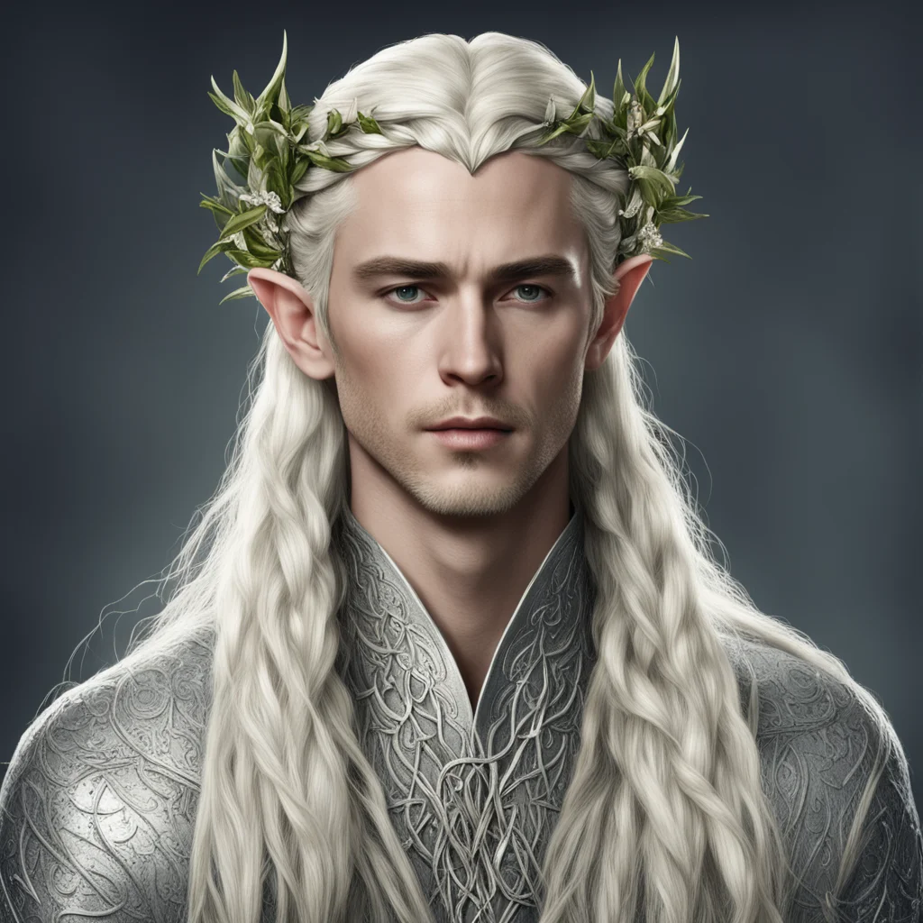 king thranduil with blond hair with braids wearing silver rose vines intertwined into elvish circlet with diamonds confident engaging wow artstation art 3