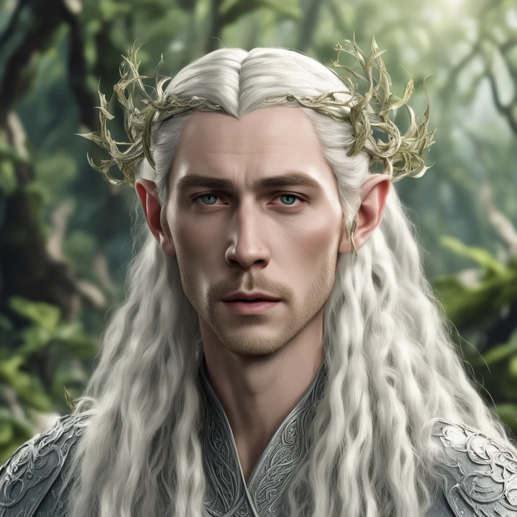 aiking thranduil with blond hair with braids wearing silver rose vines intertwined into elvish circlet with diamonds