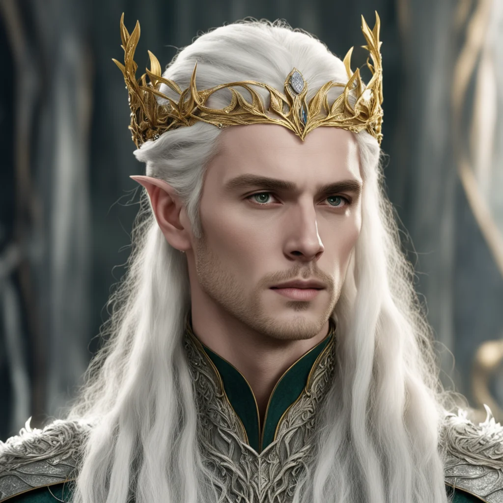 king thranduil with blond hair with braids wearing silver serpentine elvish circlet embellished with roses made of gold with diamonds  amazing awesome portrait 2