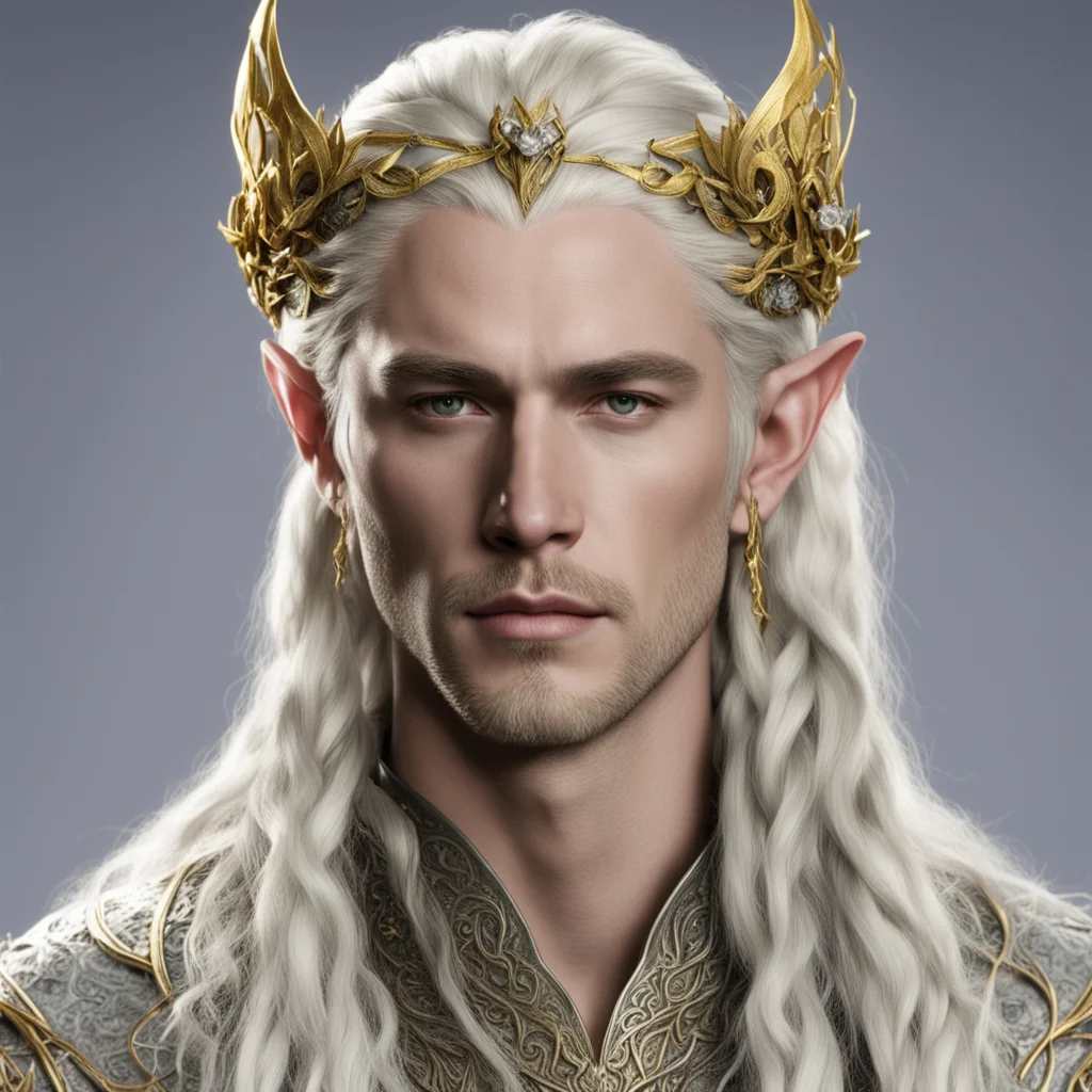 aiking thranduil with blond hair with braids wearing silver serpentine elvish circlet embellished with roses made of gold with diamonds  good looking trending fantastic 1