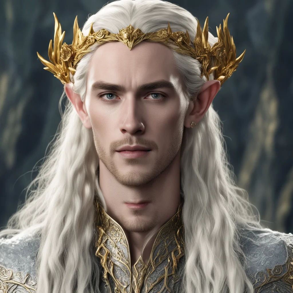 aiking thranduil with blond hair with braids wearing silver serpentine elvish circlet embellished with roses made of gold with diamonds 