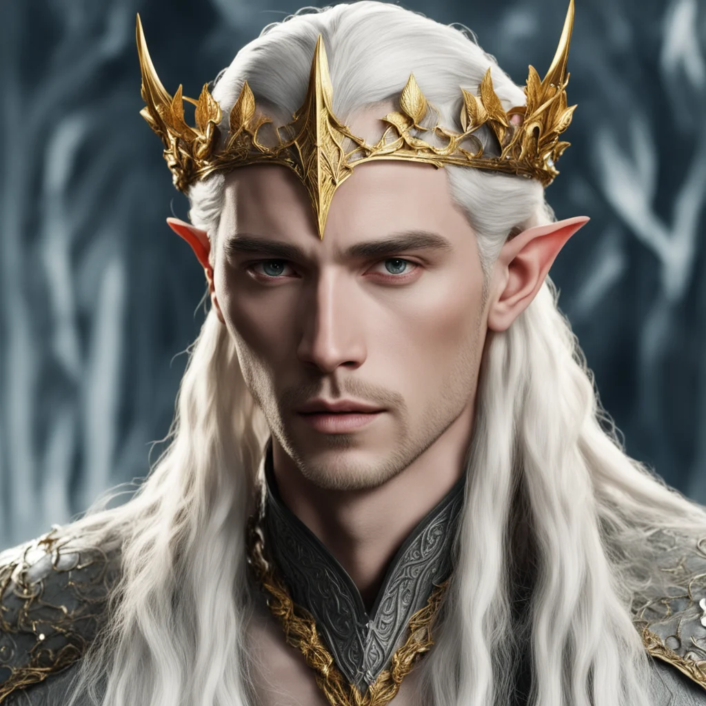 aiking thranduil with blond hair with braids wearing silver serpentine elvish circlet embellished with roses made of gold with diamonds amazing awesome portrait 2