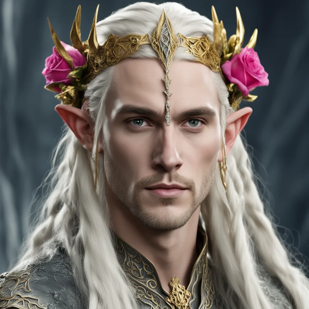 aiking thranduil with blond hair with braids wearing silver serpentine elvish circlet embellished with roses made of gold with diamonds confident engaging wow artstation art 3