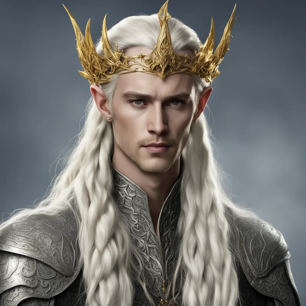 aiking thranduil with blond hair with braids wearing silver serpentine elvish circlet embellished with roses made of gold with diamonds good looking trending fantastic 1