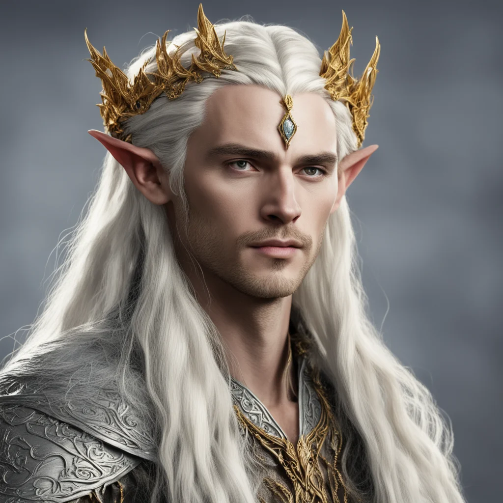 aiking thranduil with blond hair with braids wearing silver serpentine elvish circlet embellished with roses made of gold with diamonds