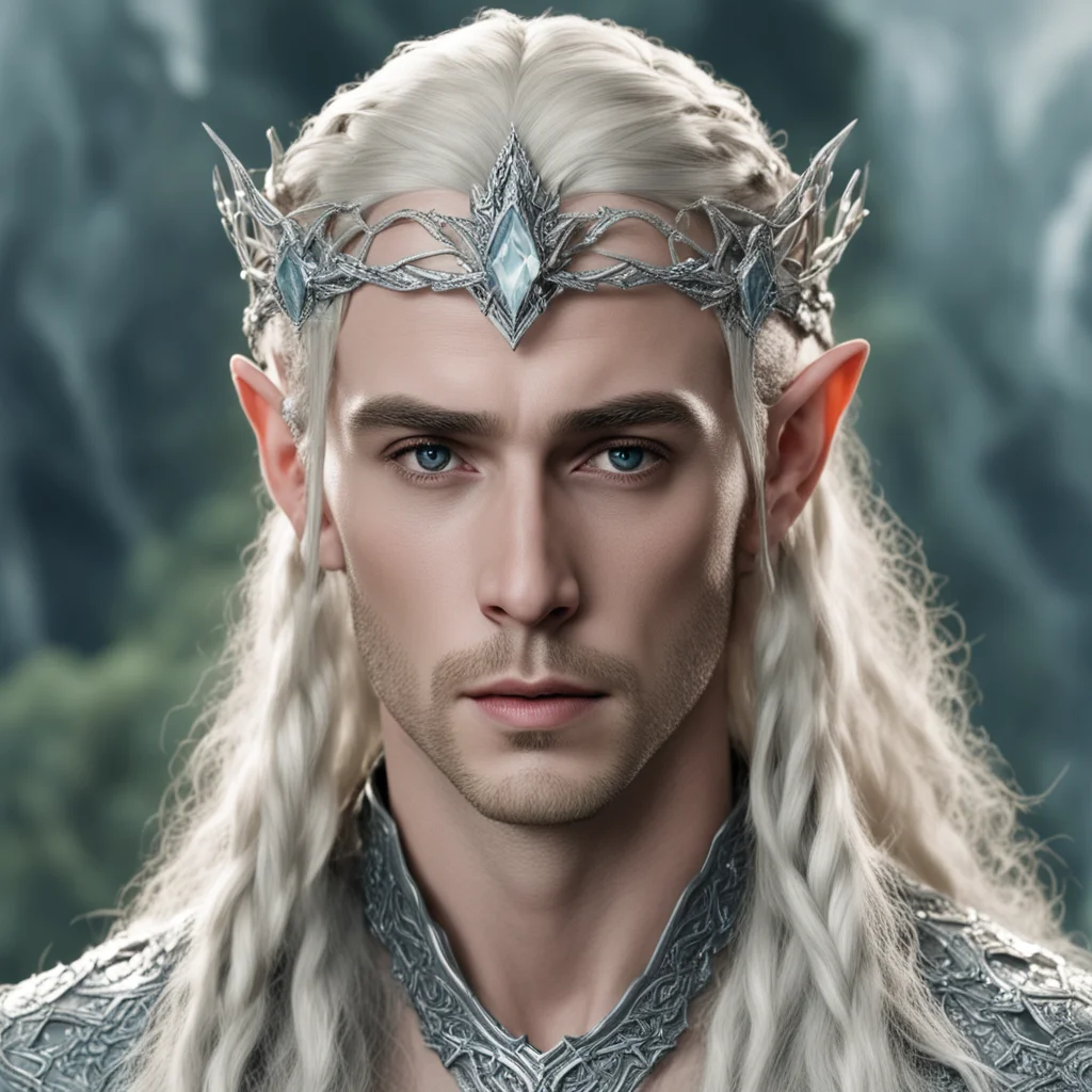 king thranduil with blond hair with braids wearing silver serpentine elvish circlet encrusted with diamonds with large center diamond confident engaging wow artstation art 3