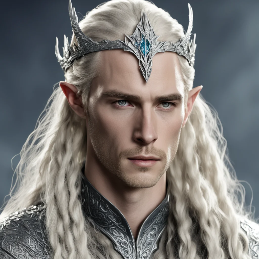 aiking thranduil with blond hair with braids wearing silver sindarin elvish circlet heavily encrusted with diamonds