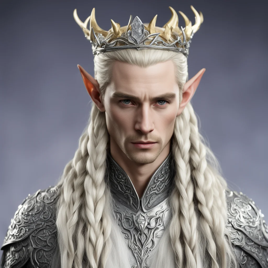 king thranduil with blond hair with braids wearing silver small elk figurine elvish circlet with diamonds amazing awesome portrait 2