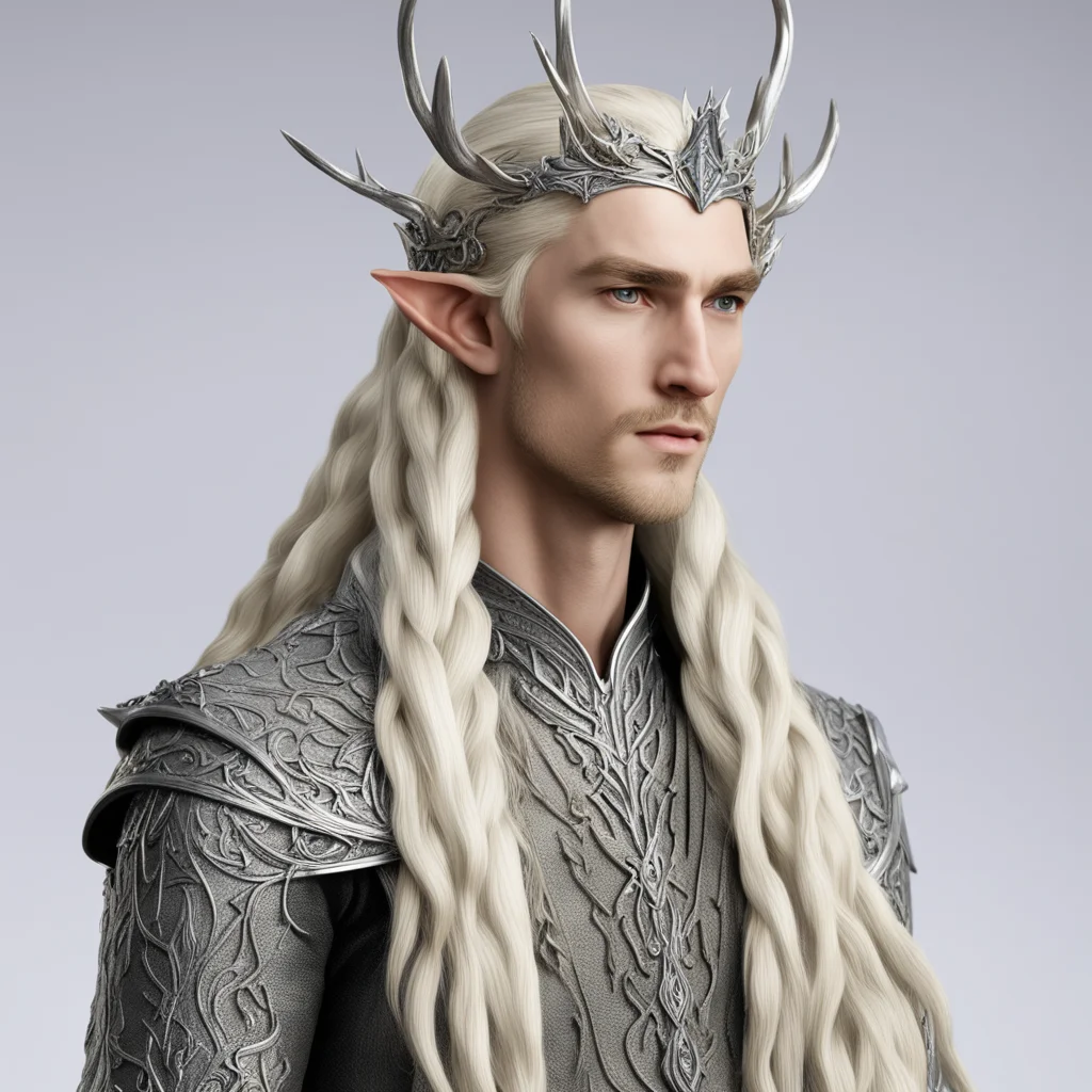 king thranduil with blond hair with braids wearing silver small elk figurine elvish circlet with diamonds confident engaging wow artstation art 3