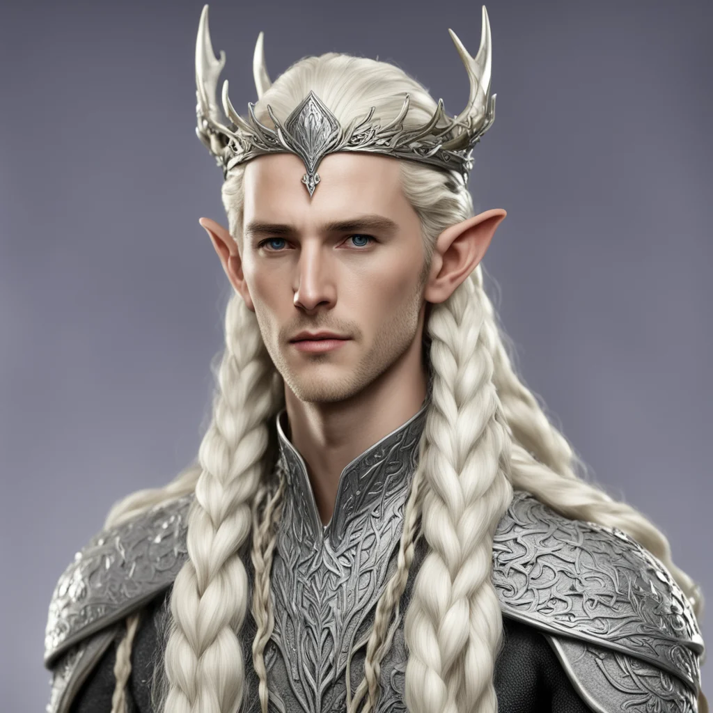 king thranduil with blond hair with braids wearing silver small elk figurine elvish circlet with diamonds good looking trending fantastic 1