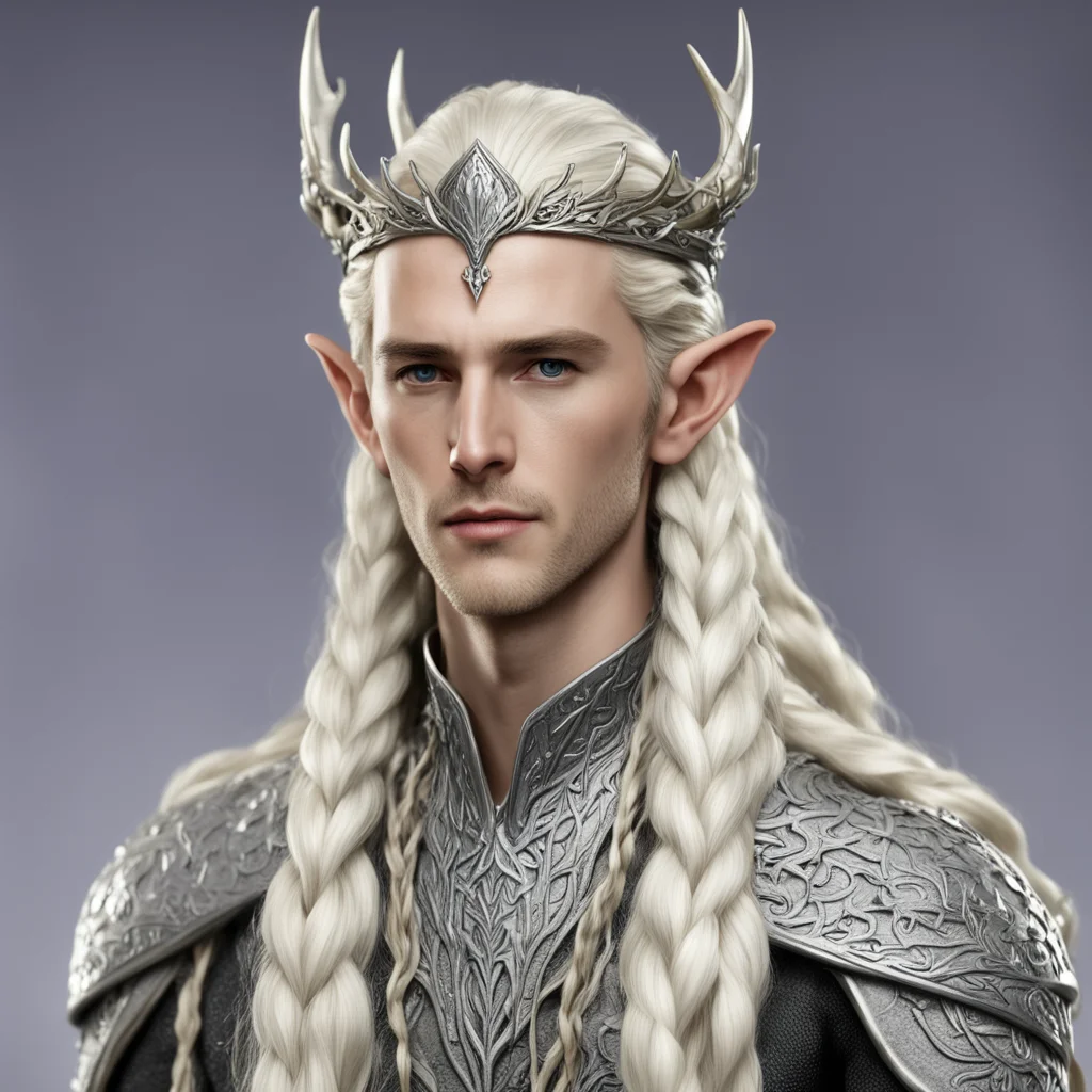 aiking thranduil with blond hair with braids wearing silver small elk figurine elvish circlet with diamonds good looking trending fantastic 1