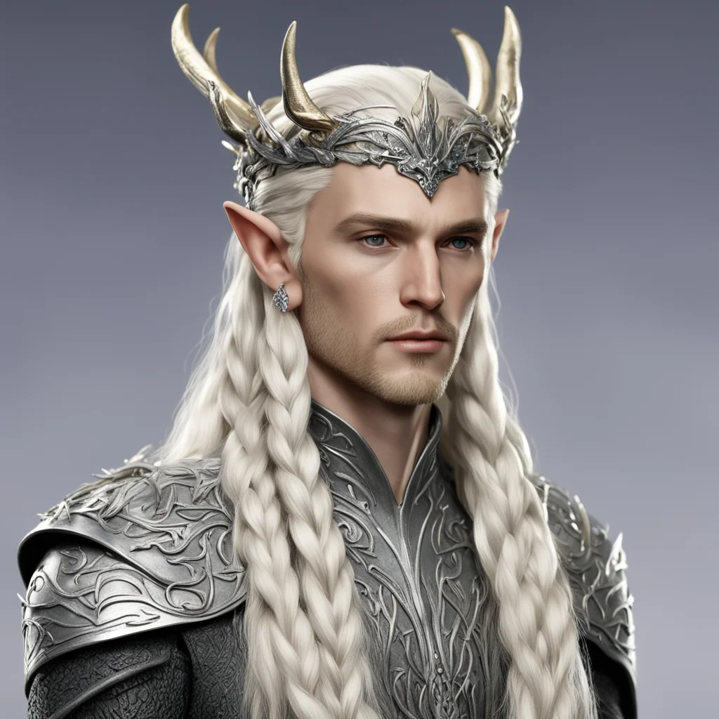 king thranduil with blond hair with braids wearing silver small elk figurine elvish circlet with diamonds