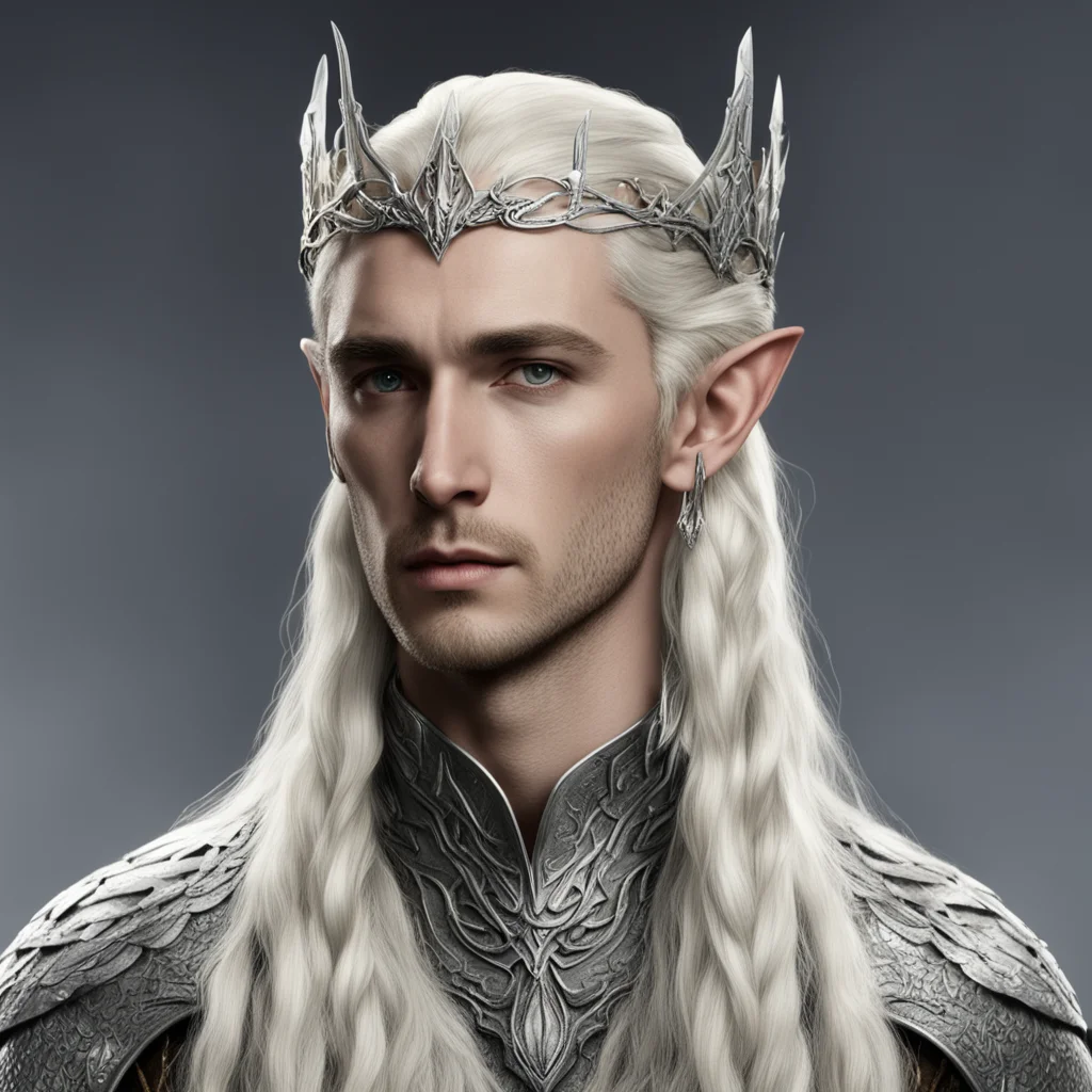 aiking thranduil with blond hair with braids wearing silver snake elvish circlet with diamonds good looking trending fantastic 1