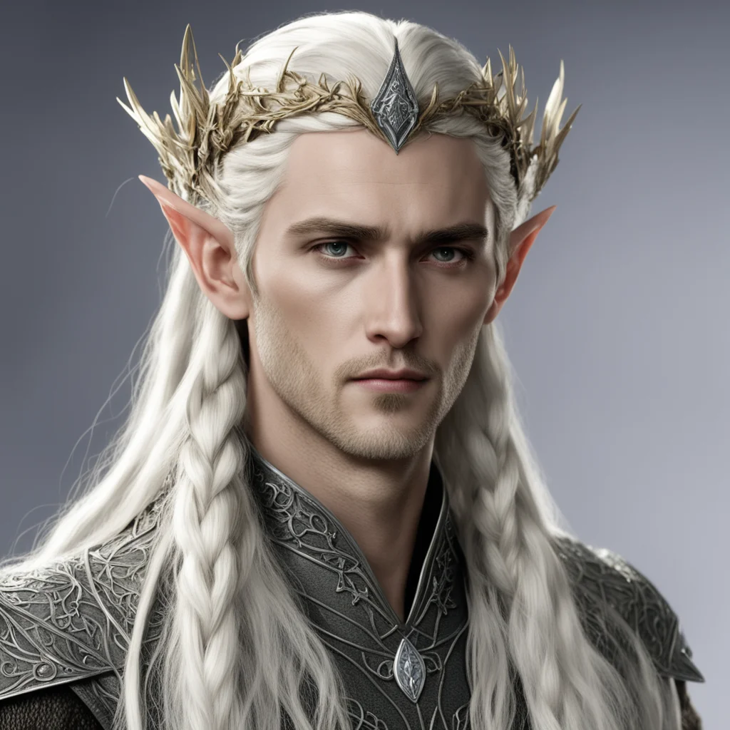 king thranduil with blond hair with braids wearing silver thorn vine elvish circlet with diamond rosettes 