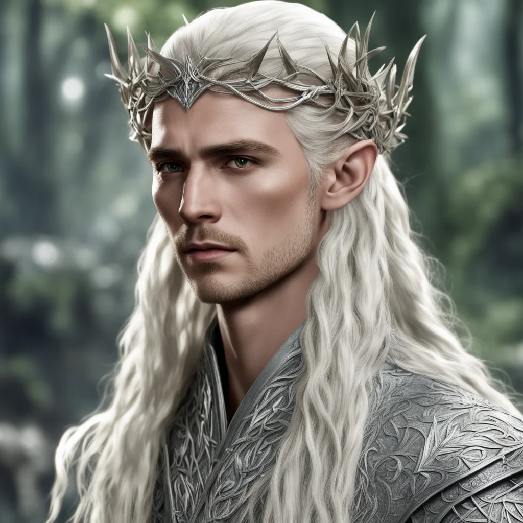 aiking thranduil with blond hair with braids wearing silver thorn vines intertwined elven circlet with diamonds amazing awesome portrait 2