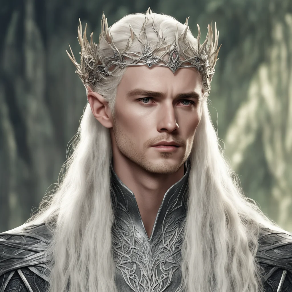 aiking thranduil with blond hair with braids wearing silver thorn vines intertwined elven circlet with diamonds with large center diamond amazing awesome portrait 2