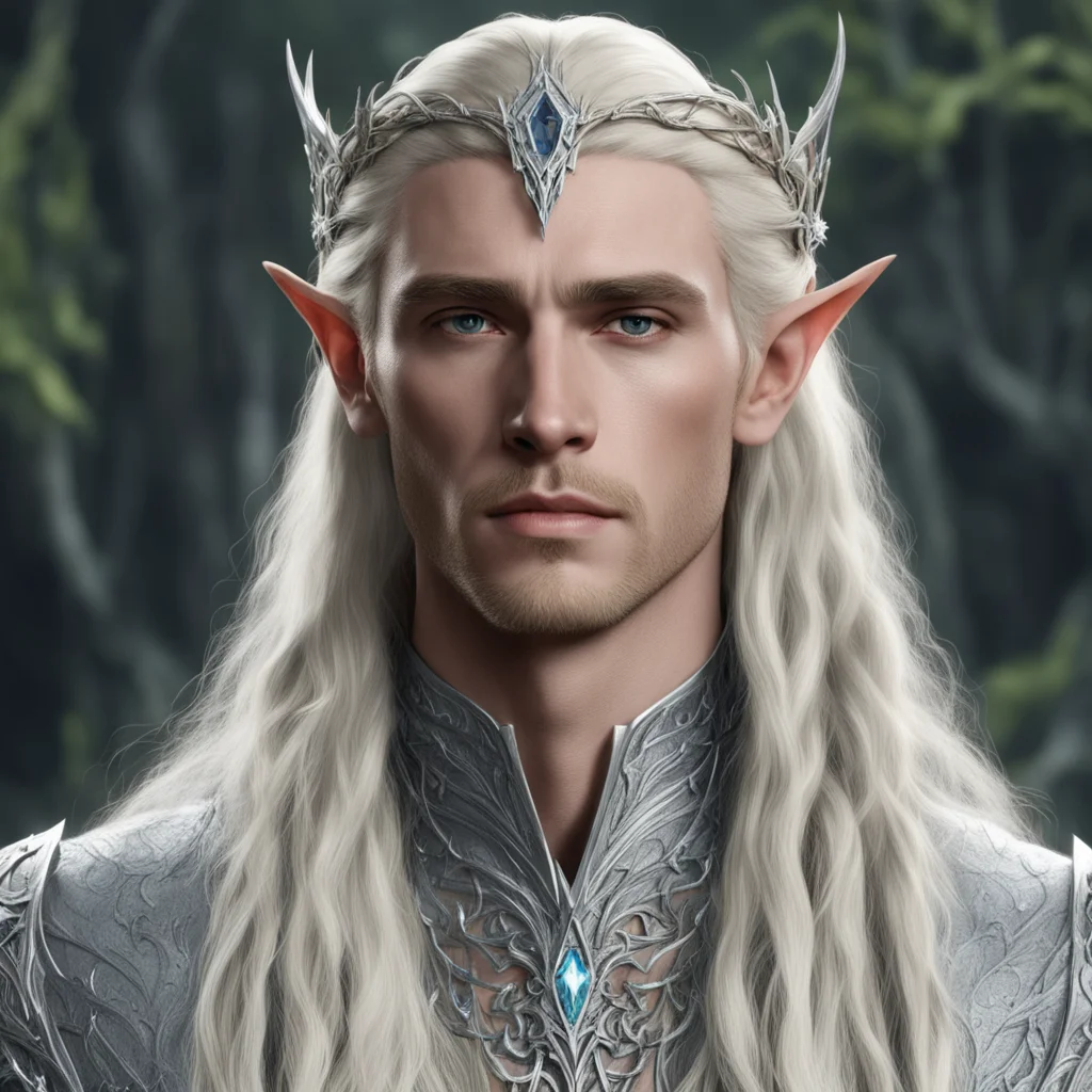 aiking thranduil with blond hair with braids wearing silver thorn vines intertwined elven circlet with diamonds with large center diamond confident engaging wow artstation art 3