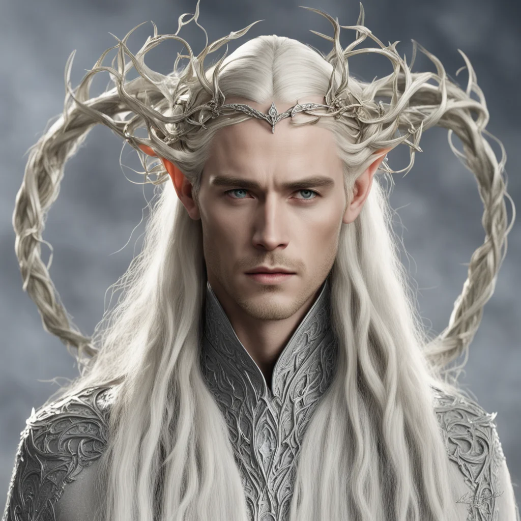 aiking thranduil with blond hair with braids wearing silver thorn vines intertwined elven circlet with diamonds with large center diamond good looking trending fantastic 1