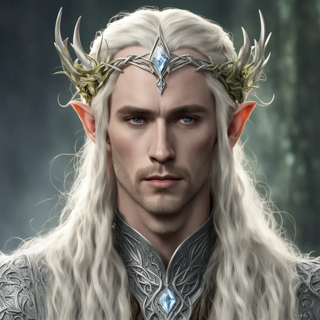 aiking thranduil with blond hair with braids wearing silver thorn vines intertwined elven circlet with diamonds with large center diamond