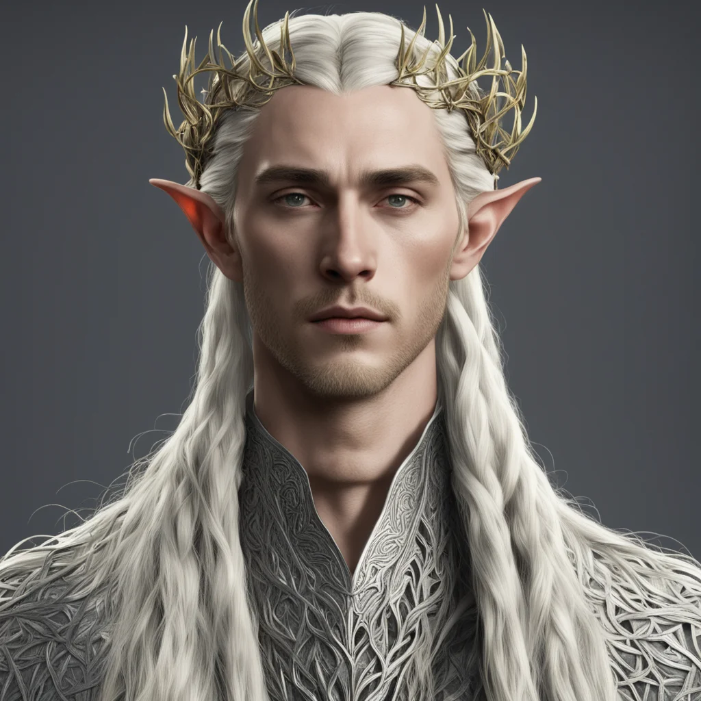 aiking thranduil with blond hair with braids wearing silver thorn vines intertwined elven circlet with diamonds