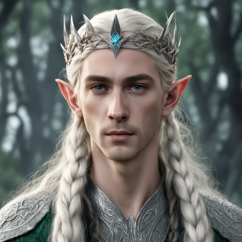 aiking thranduil with blond hair with braids wearing silver twig and diamond be berry elvish circlet with large center diamond amazing awesome portrait 2