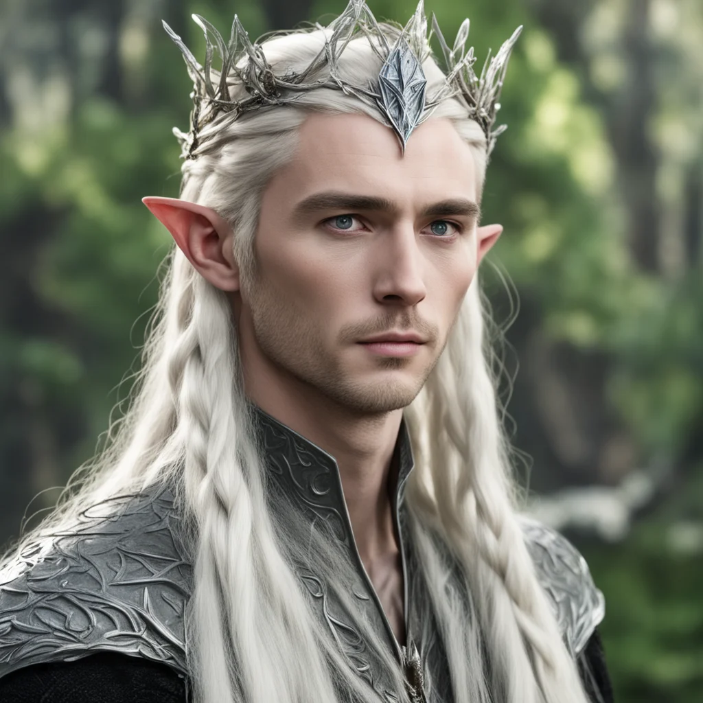 aiking thranduil with blond hair with braids wearing silver twig and diamond be berry elvish circlet with large center diamond